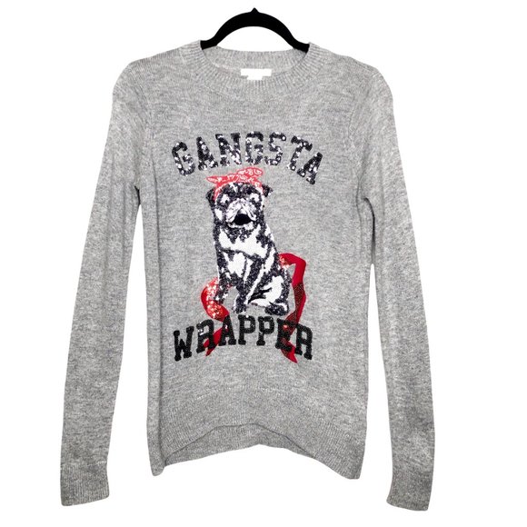 H&M Gangsta Wrapper Sweater Gray Sequin Embellished Long Sleeve Pug Knit Top XS - Picture 3 of 7